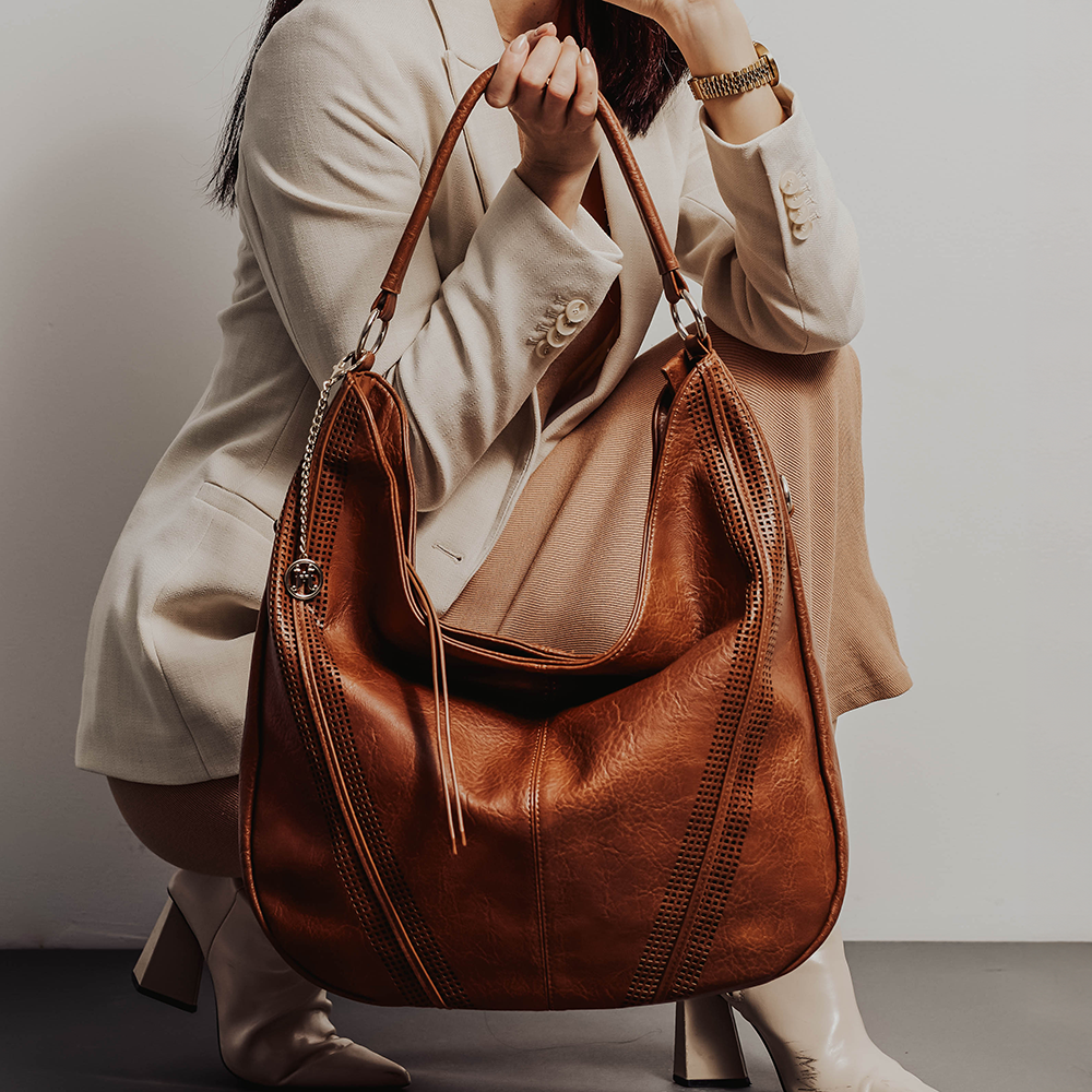 SAVANNAH Perforated Vegan Hobo Bag in Cognac | jeane+jax